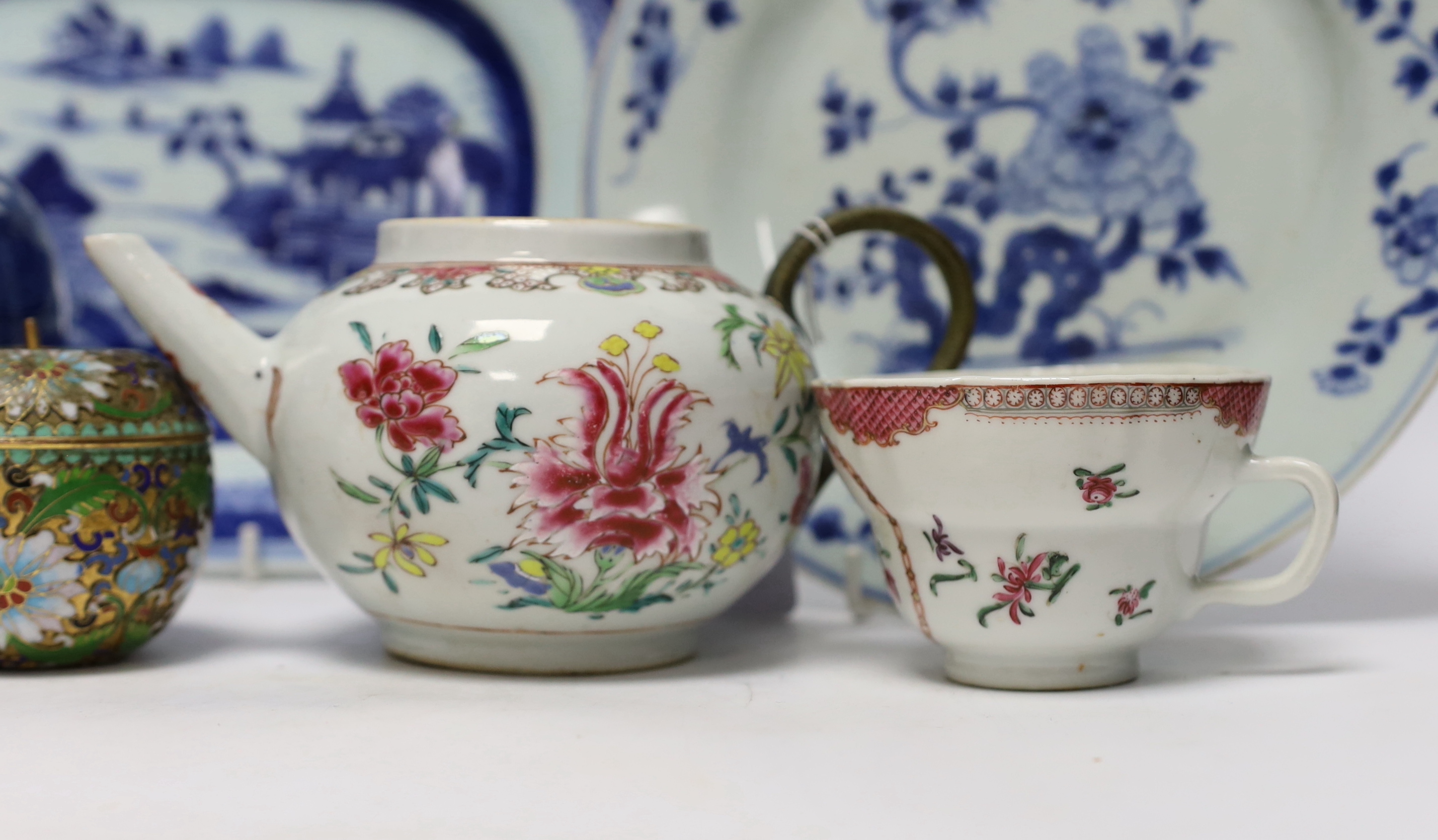 An 18th/19th century Chinese teapot, cup, dish, platter, jar and a cloisonne box, platter 28.5cm wide